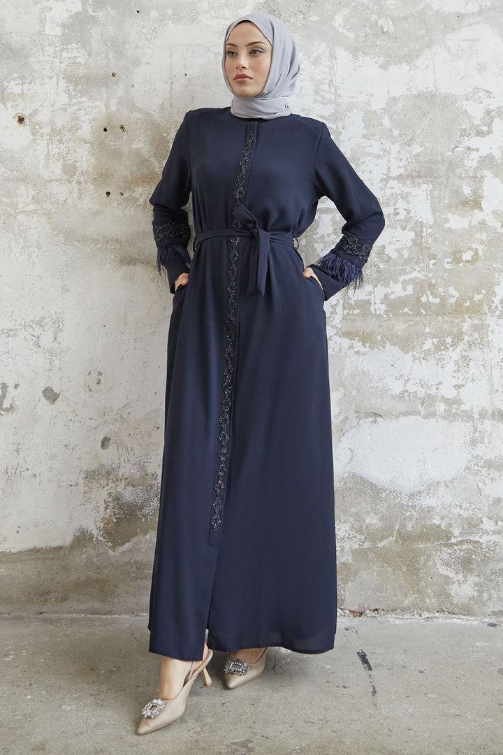 MDS Women Sleeve Tip Feather Detail Stoned Abaya - Navy Blue - Massy