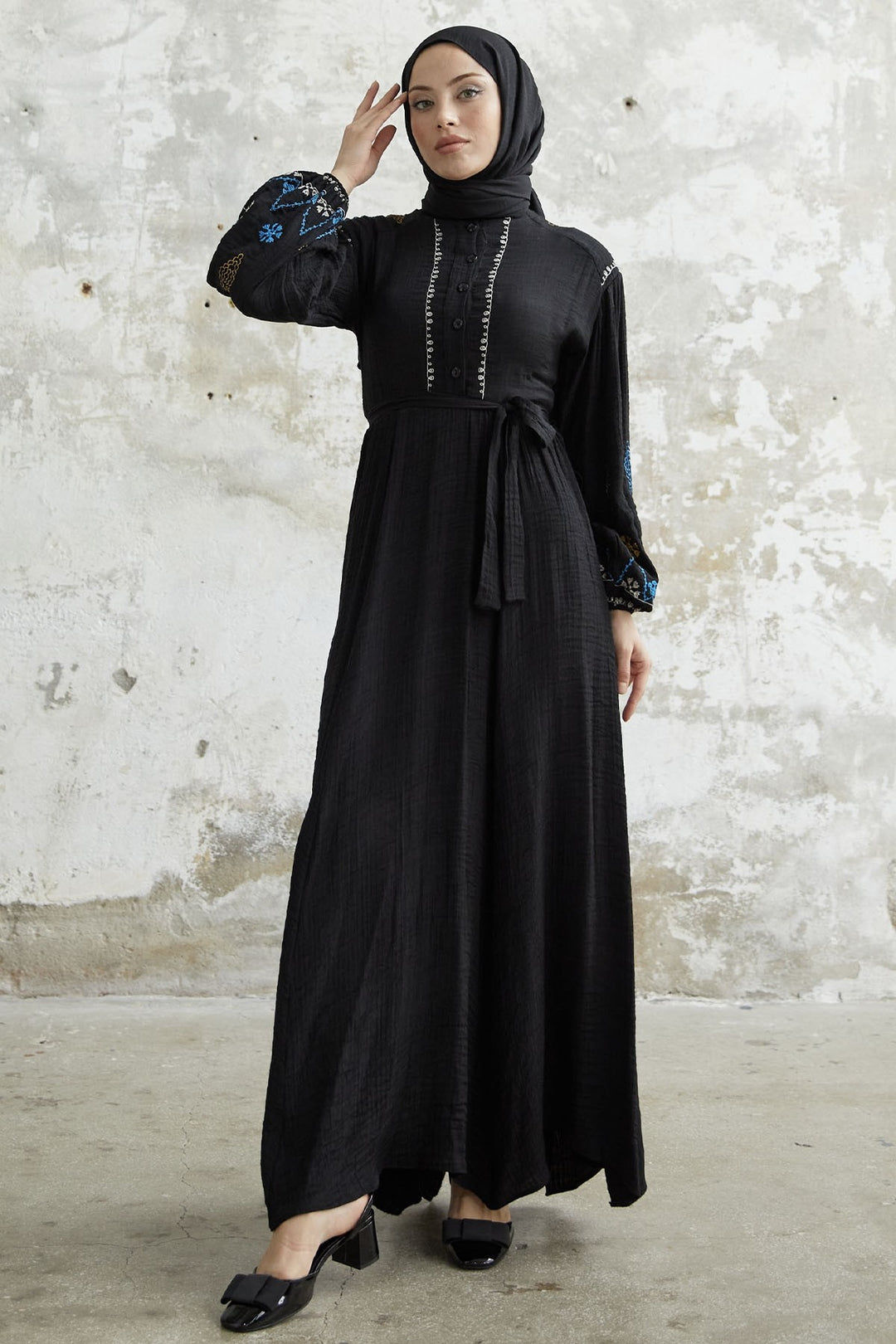 MDS Women Waffle Dress with Embroidered Sleeve - Black - Golden Glades