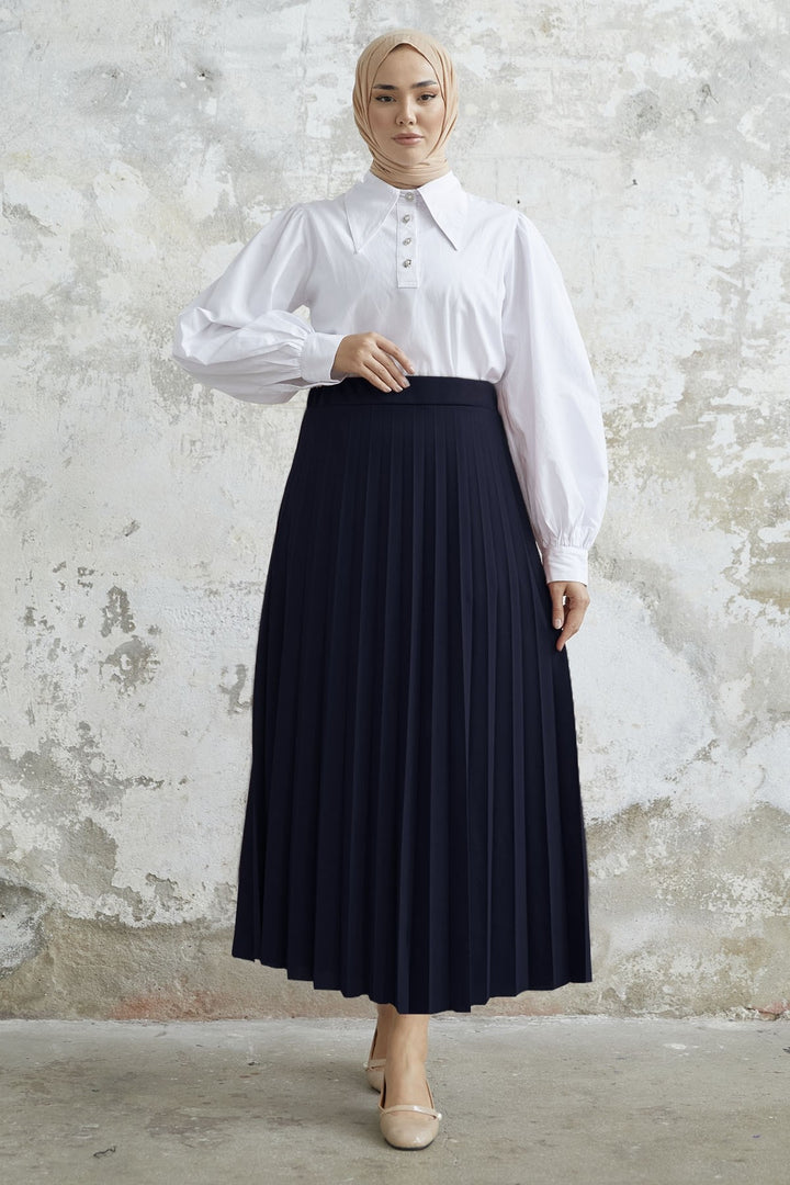 MDS Women Luisa Beli Rubber Waist Pleated Skirt - Navy Blue - Detroit