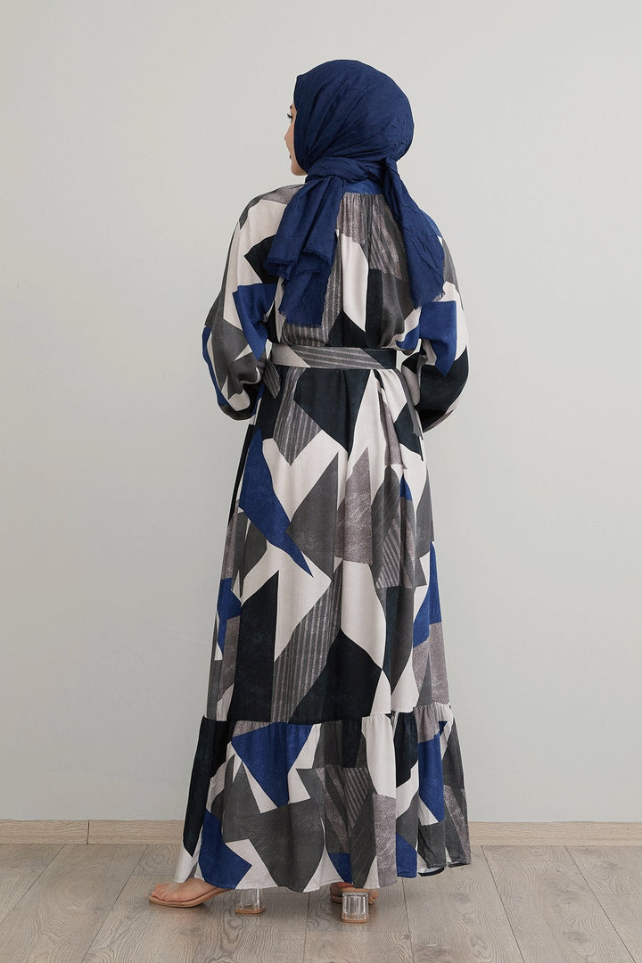 MDS Women Geometric Patterned Belted Anthracite Viscose Dress - Pulheim