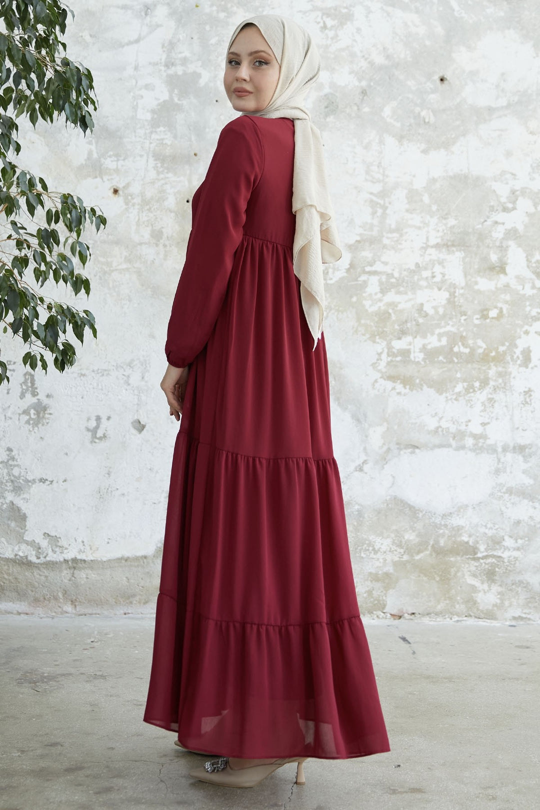 MDS Women Lace-Up Yoryo Chiffon Dress - Burgundy - Lakewood