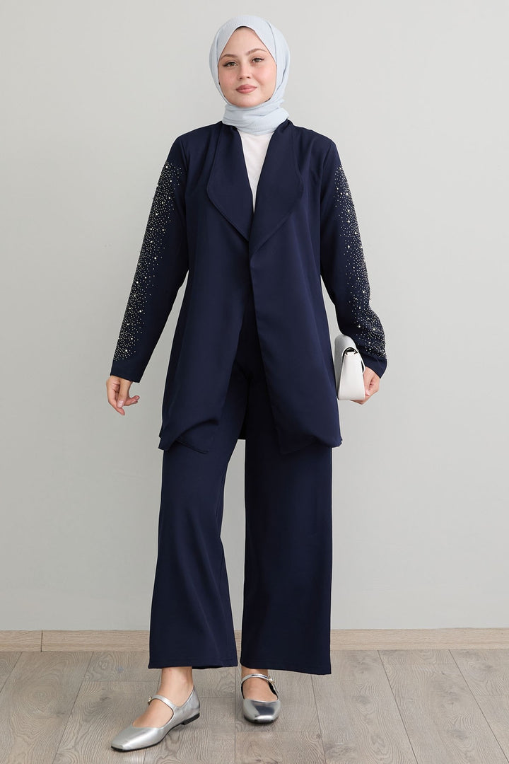 MDS Women Jacketed Pearl Detail Navy Suit - Marburg