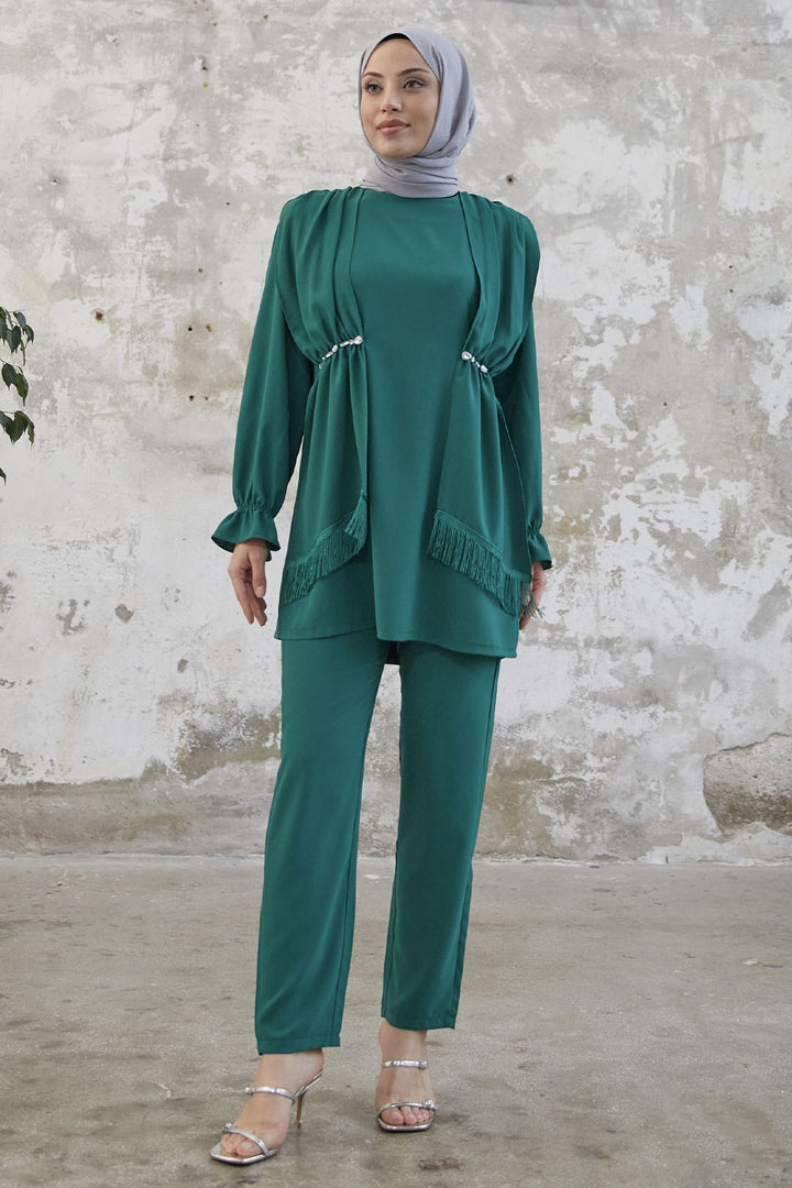 MDS Women Tassel Detail Stone Crepe Set - Emerald Green - North Vancouver