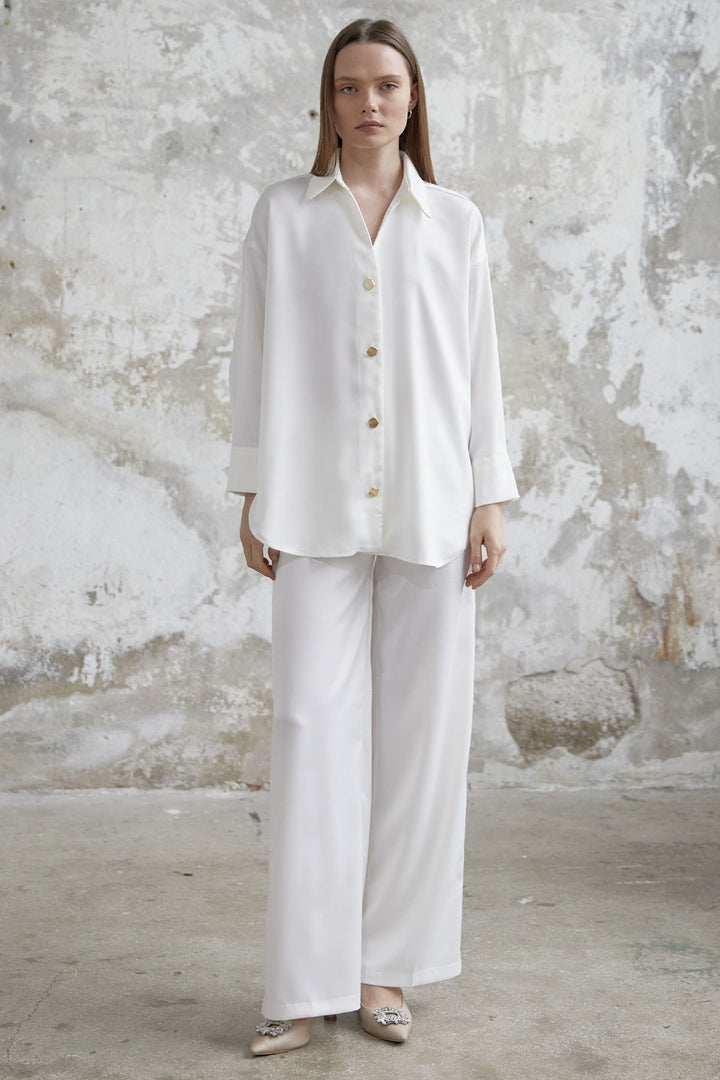 MDS Women Satin Shirt and Pants Suit - White - Lafayette