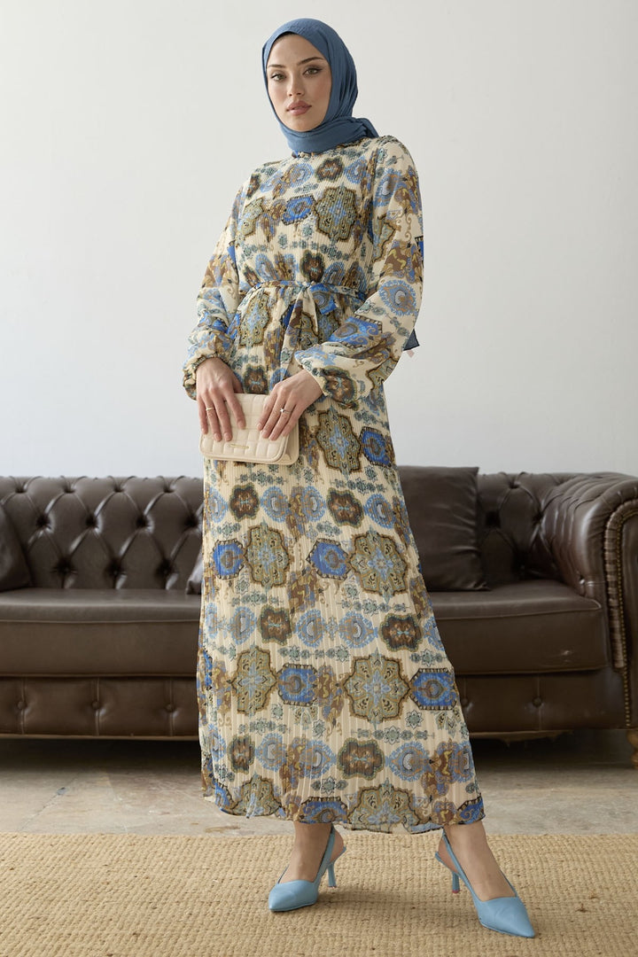 MDS Women Pleated Shawl Pattern Chiffon Dress - Blue - Rincón de Romos