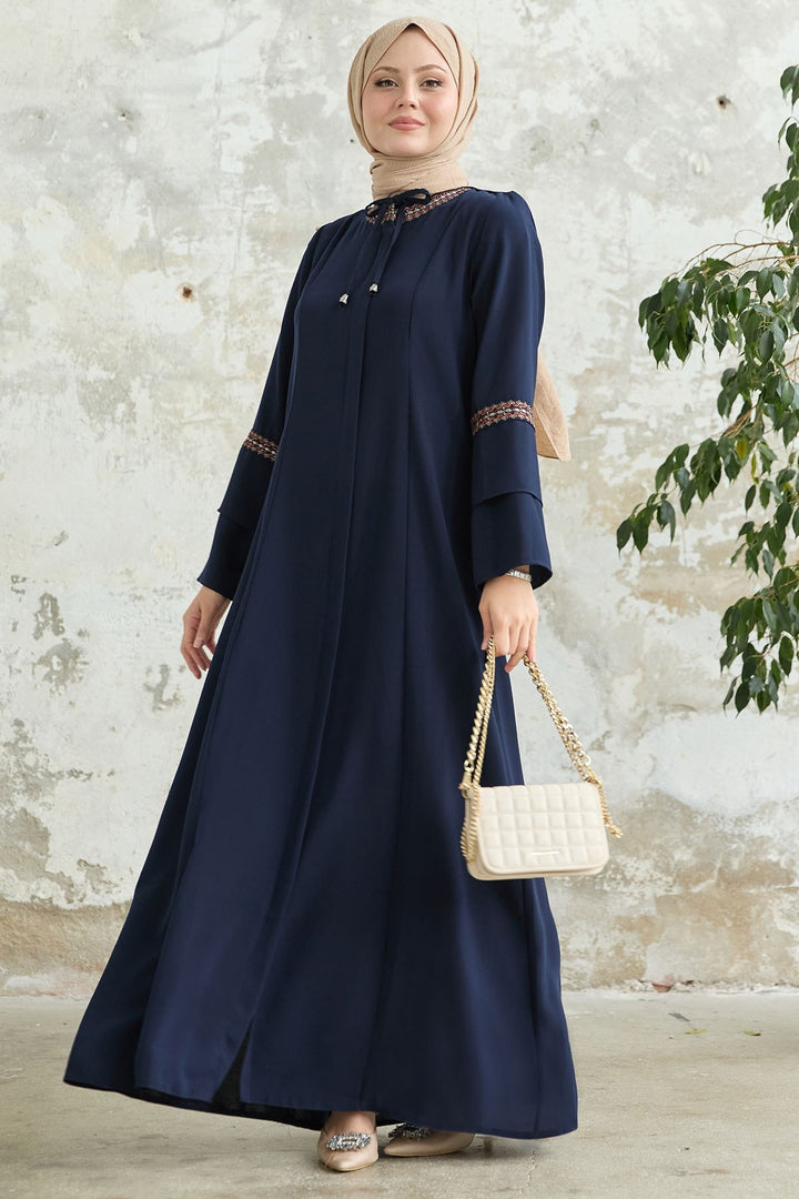 MDS Women Navy Overcoat with Lace Detail Embroidery - Santiago de Compostela