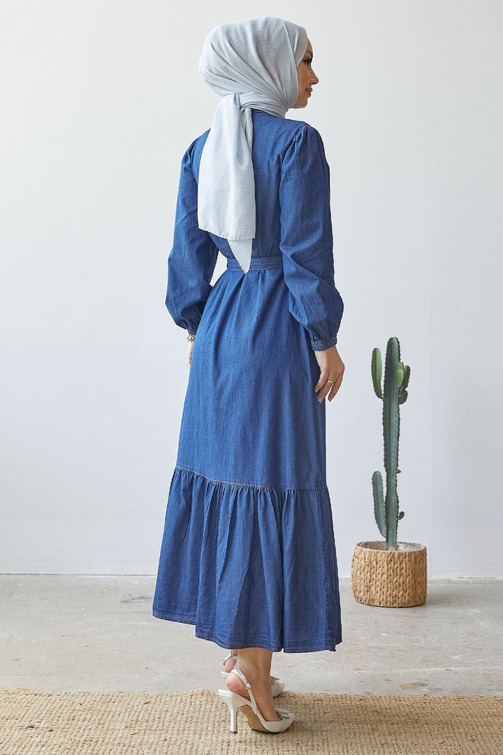 MDS Women Aravis Skirt Ruffled Belted Denim Dress - Dark Blue - La Presa