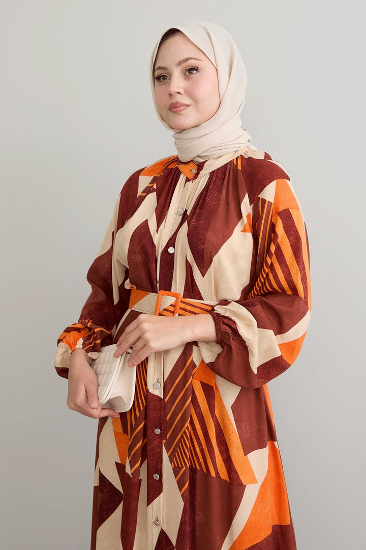 MDS Women Geometric Patterned Belted Brick Red Viscose Dress - Bellevue