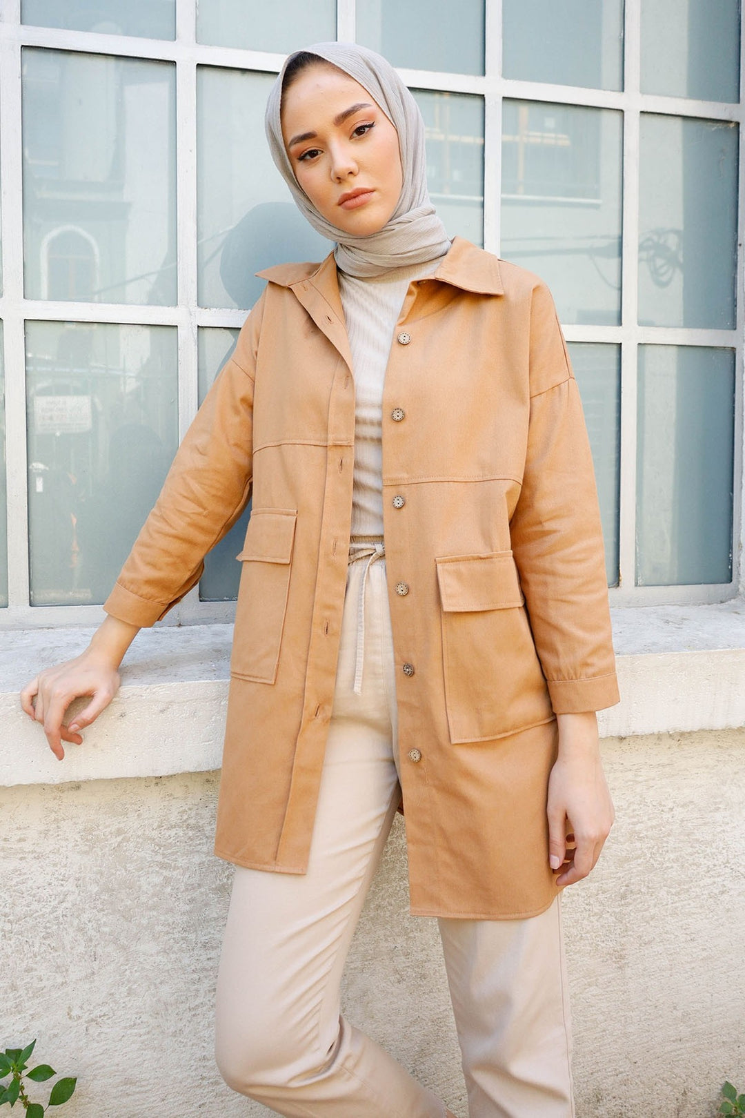 MDS Women Pocket Buttoned Gabardine Shirt - Camel - Hemet