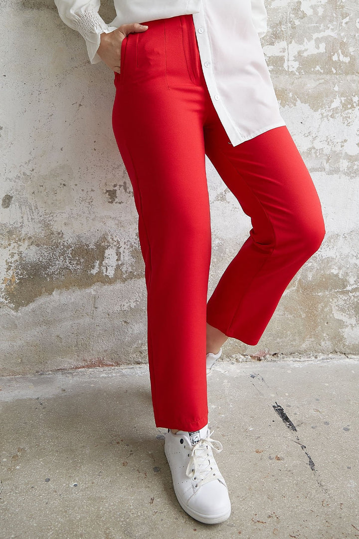 MDS Women High Waist Pleated Double Fabric Pants - Red - Reggio Emilia