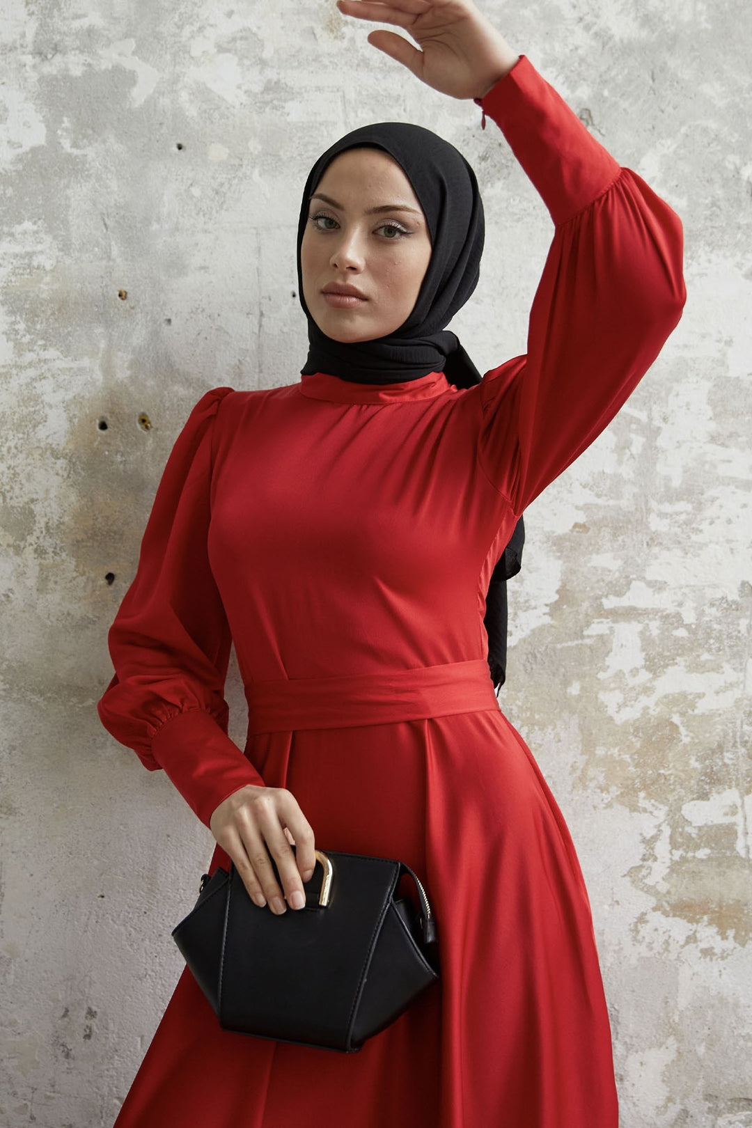 MDS Women Satin Dress with Sleeve Zipper - Red - Milwaukee