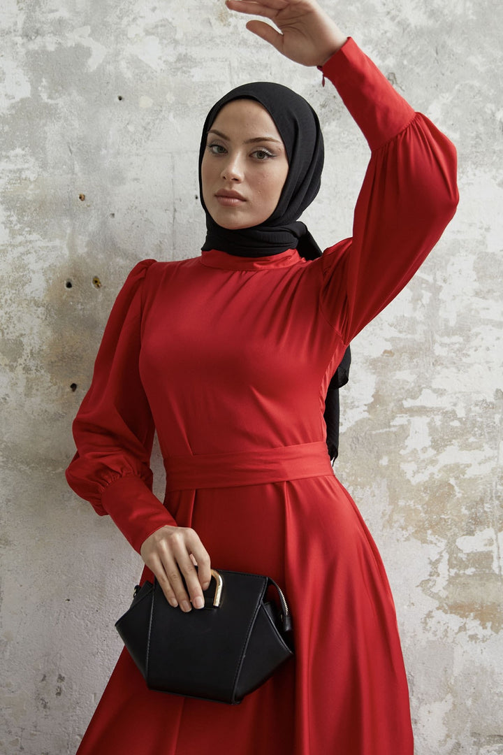MDS Women Satin Dress with Sleeve Zipper - Red - Milwaukee