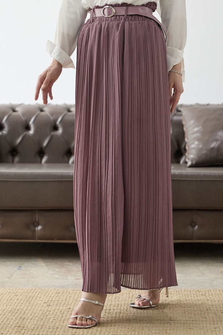 MDS Women Ruched Waist Chiffon Skirt with Belt - Rose Pink - Sciacca