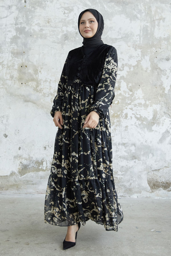 MDS Women Patterned Velvet Jacket Chiffon Dress - Black - Edmonds