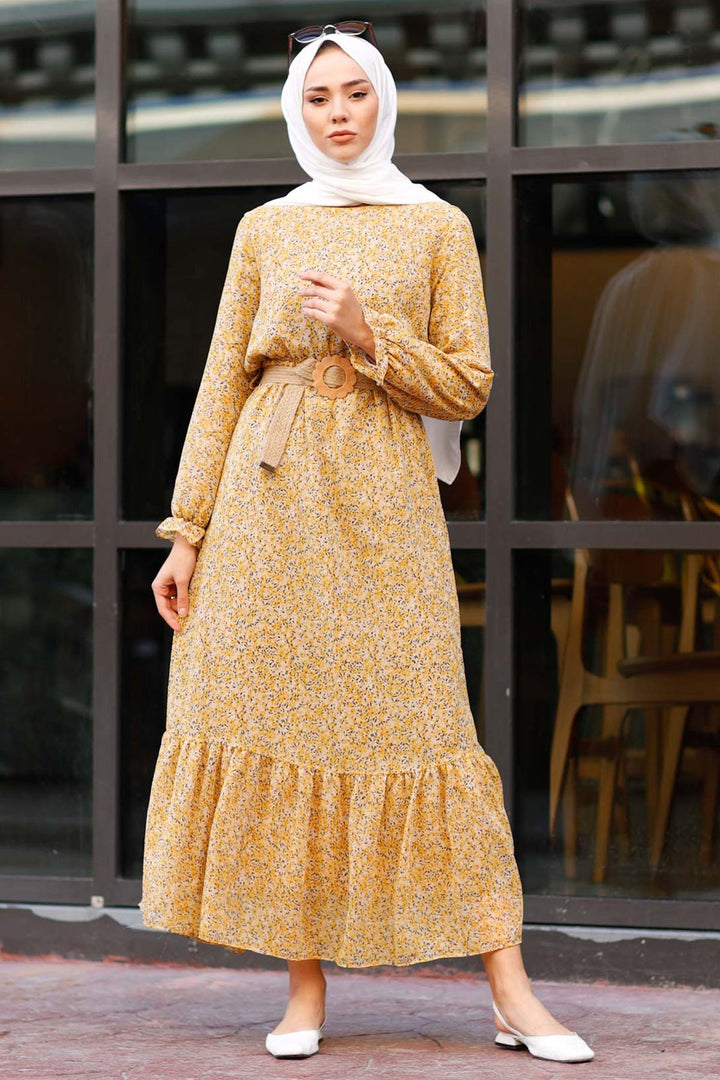 MDS Women Crispy Flowered 1015 Chiffon Dress - Yellow - Merano