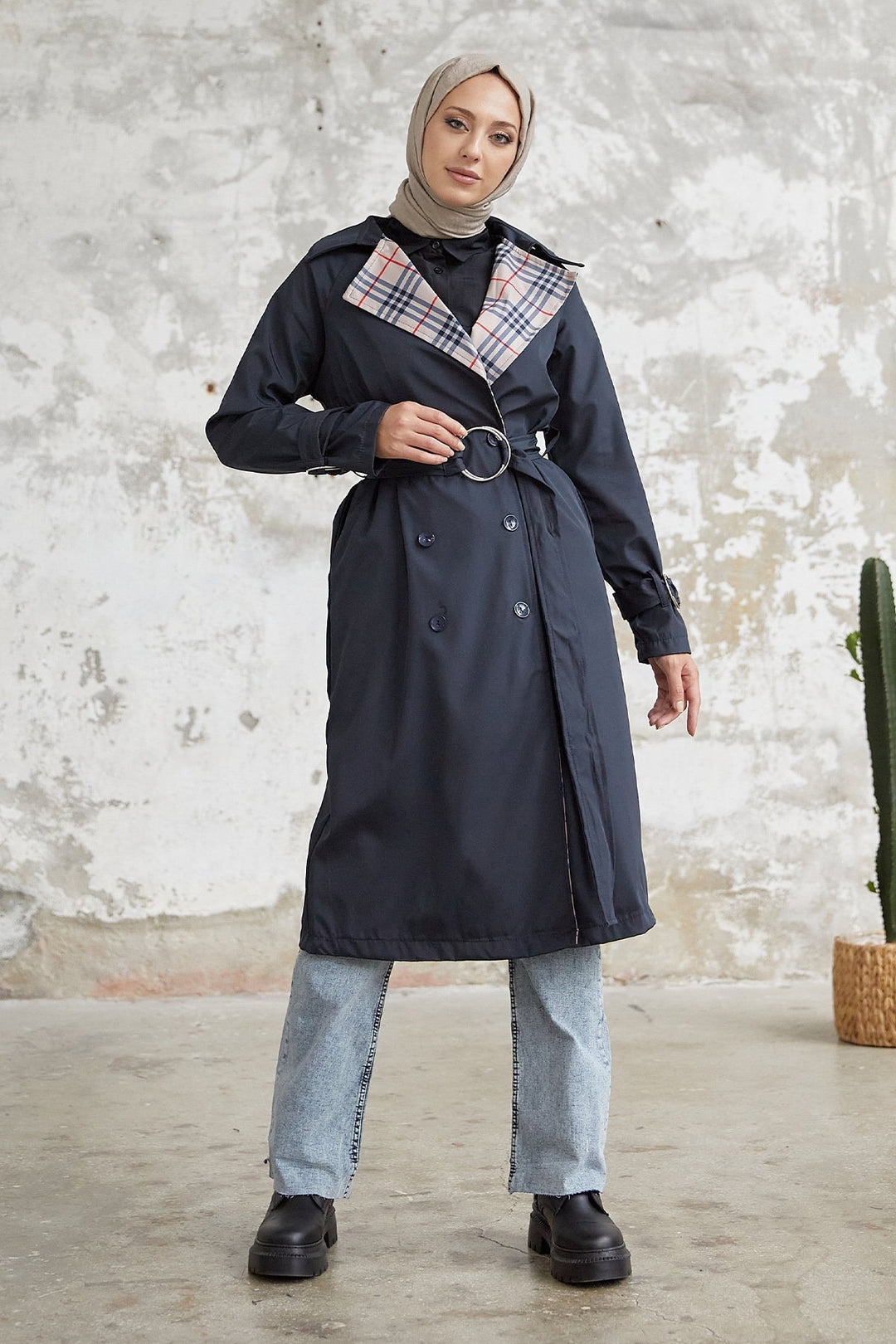 MDS Women Eleta Double-Breasted Checkered Trench Coat - Navy - Weymouth