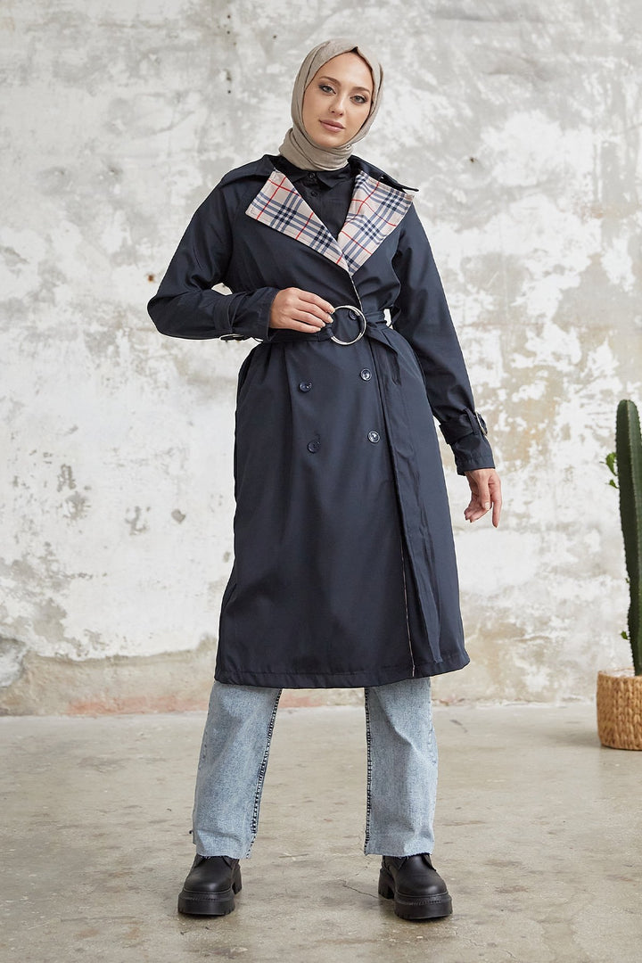 MDS Women Eleta Double-Breasted Checkered Trench Coat - Navy - Weymouth
