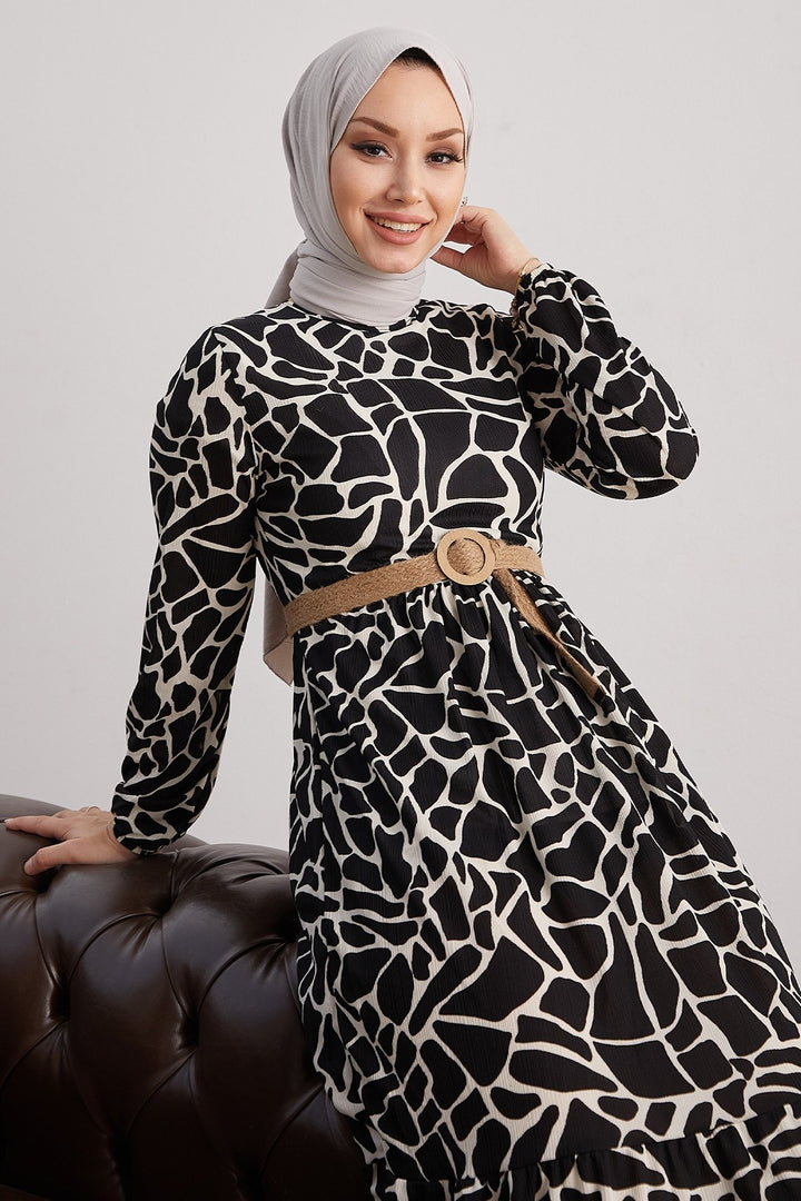 MDS Women Else Stone Patterned Straw Belted Dress - Black - St. Cloud