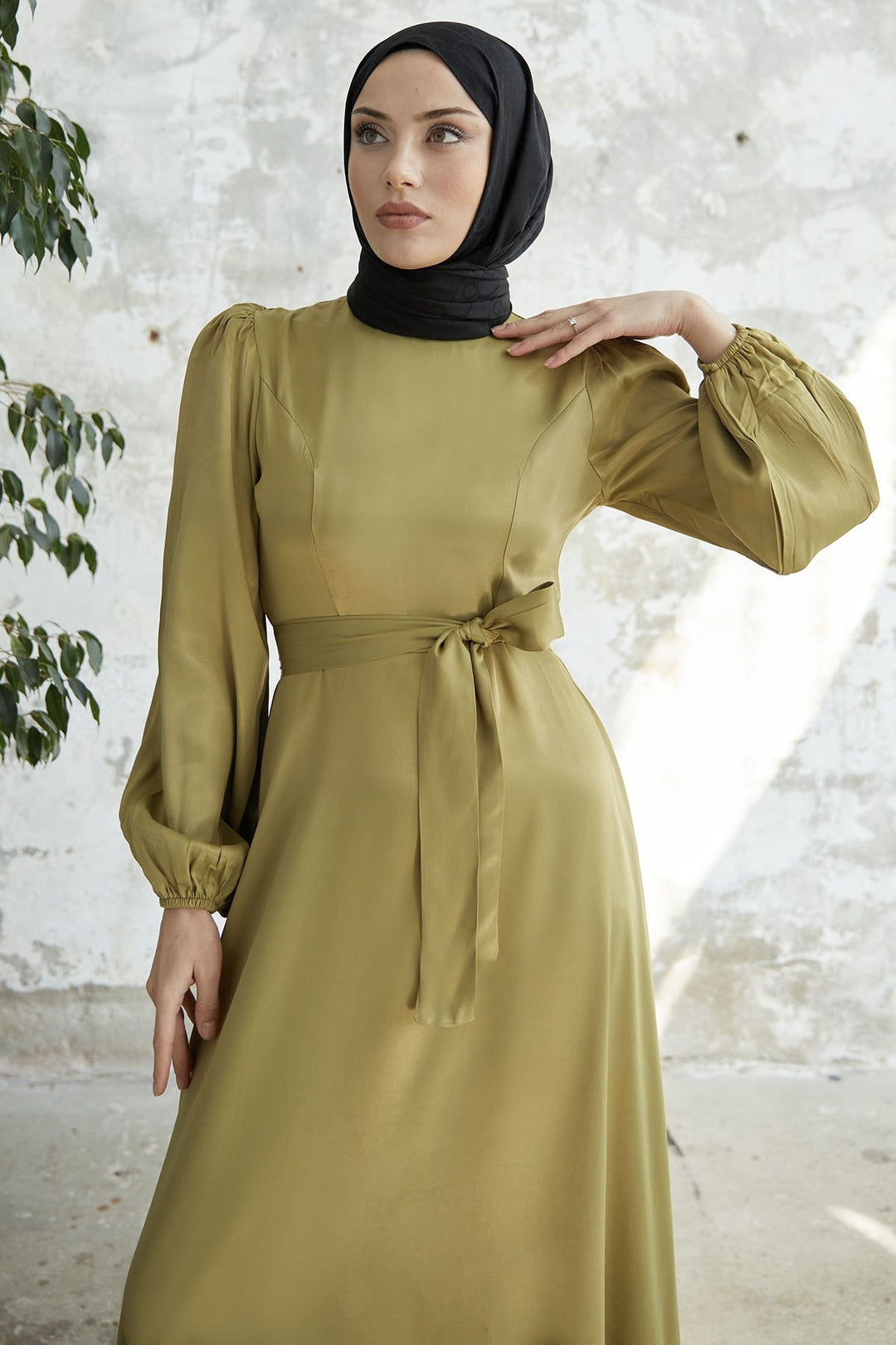 MDS Women Belted Balloon Sleeve Satin Dress - Pistachio Green - Perth