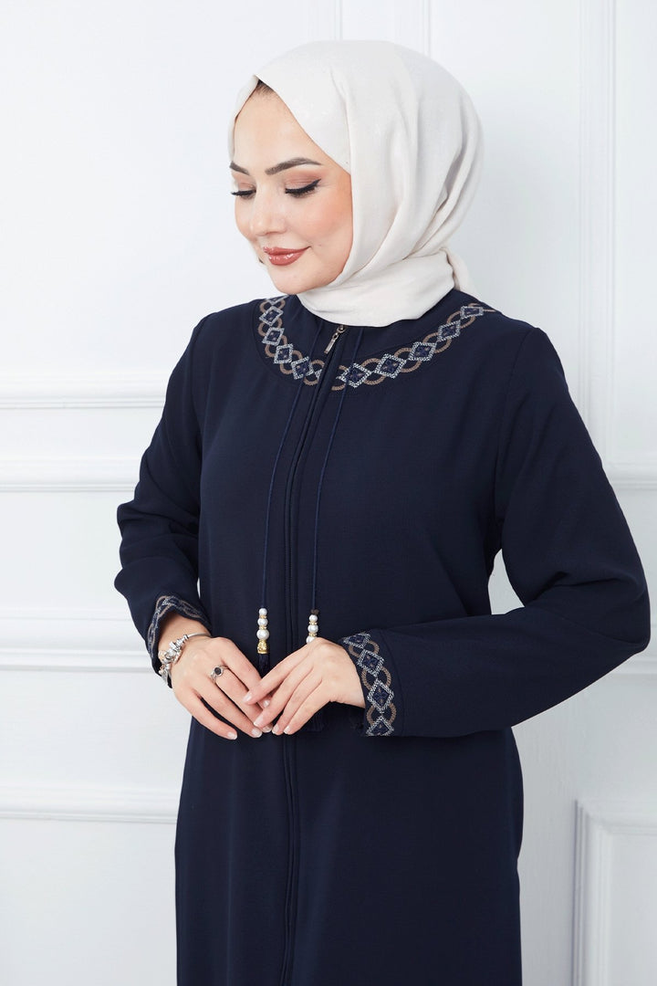 MDS Women Embroidered Pattern Honeycomb Fabric Abaya - Navy Blue - Waterbury
