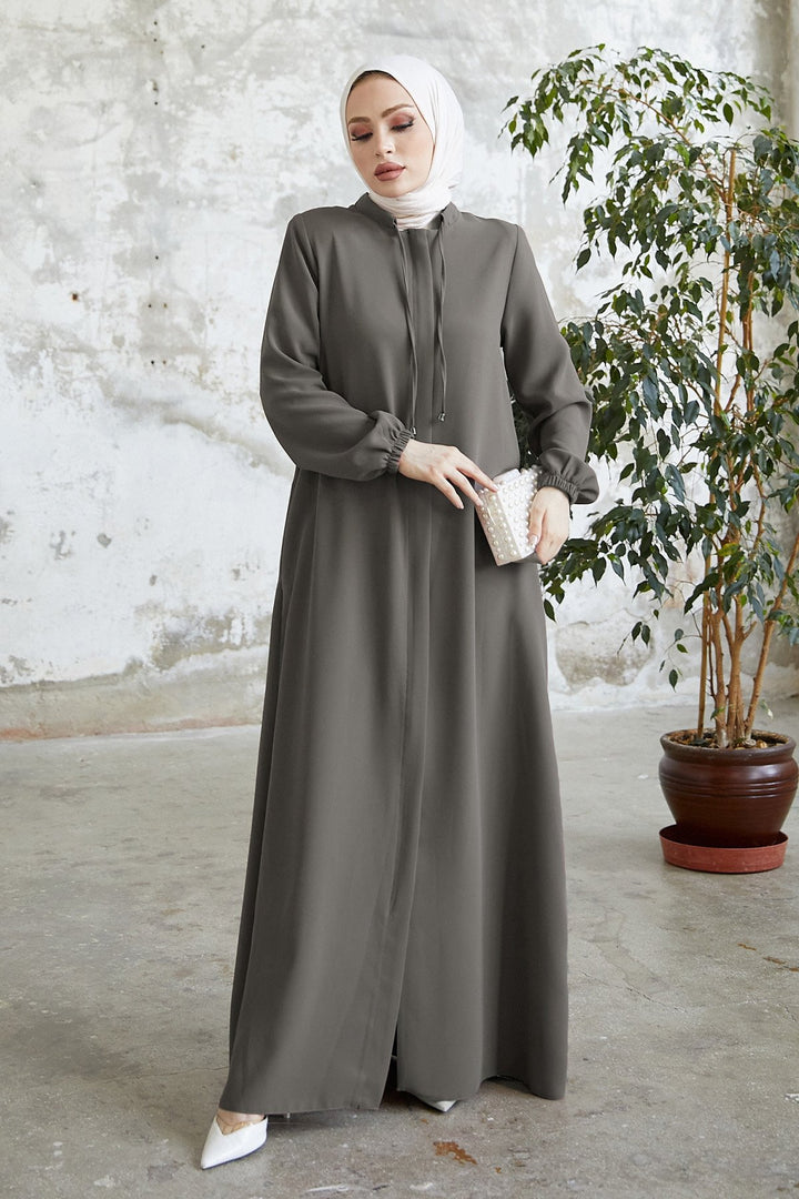 MDS Women Laced Hidden Snap Abaya - Gray - Caerphilly