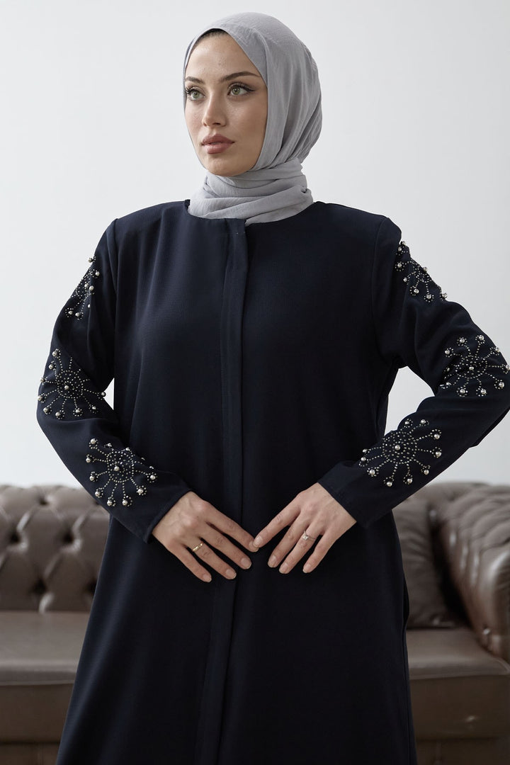 MDS Women Sleeves Pearl Stone Detail Abaya - Navy Blue - Roy