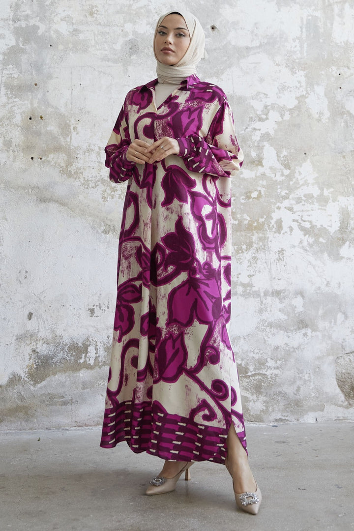 MDS Women Shirt Collar Patterned Viscose Dress - Fuchsia - Salisbury