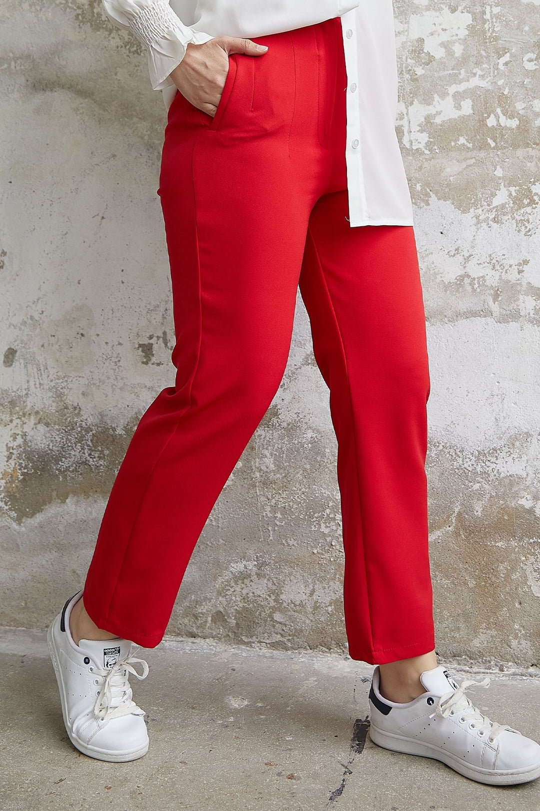MDS Women High Waist Pleated Double Fabric Pants - Red - Reggio Emilia