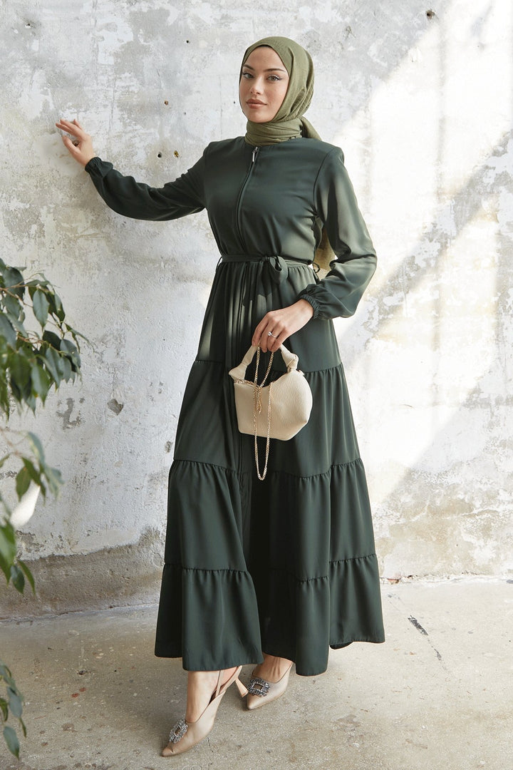 MDS Women Pleated Hem Belted Abaya - Khaki - Solingen