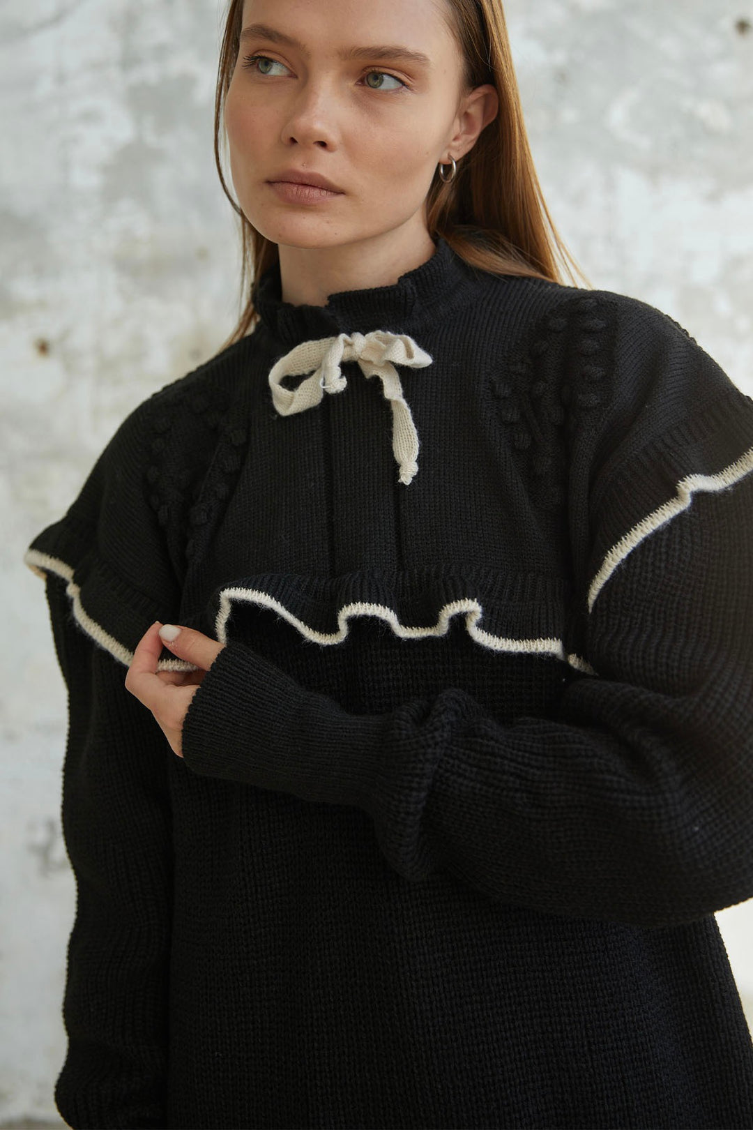 MDS Women Matilda Frilly Detail Knit Tunic - Black - Goslar