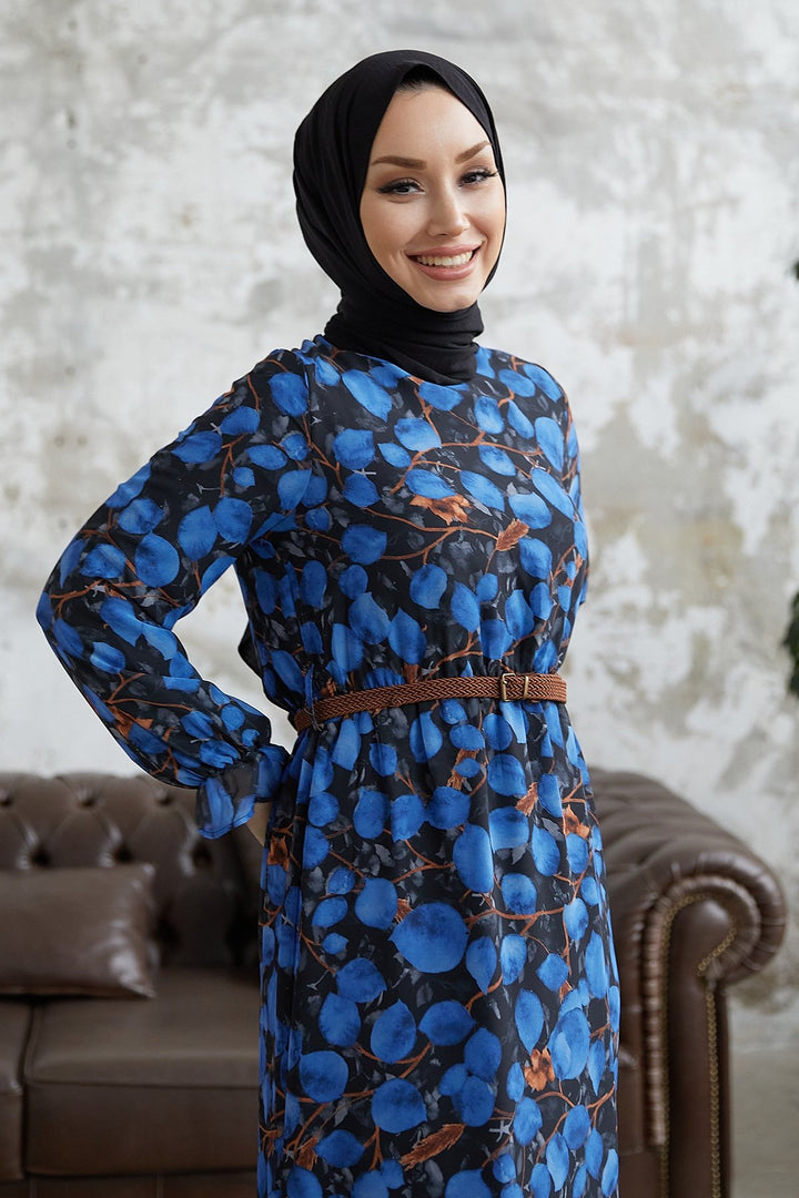 MDS Women Droplet Patterned Belted Chiffon Dress - Blue - El Dorado