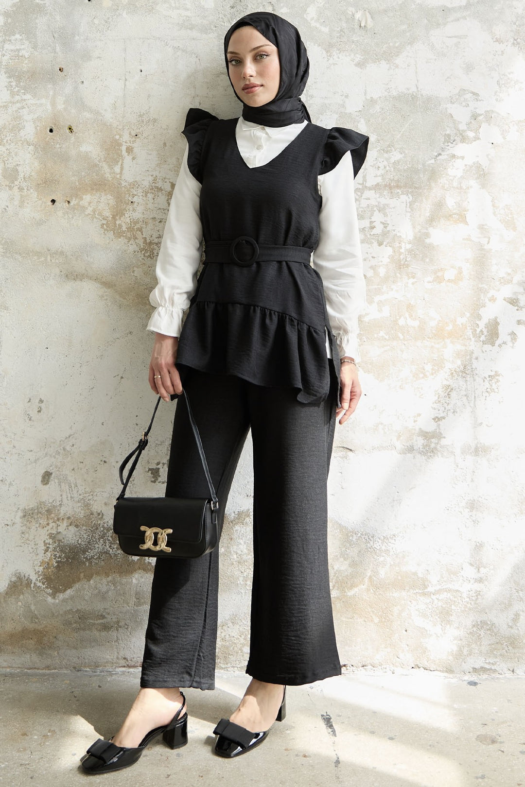 MDS Women Ruffled Shoulder Three Piece Set - Black - Roosendaal