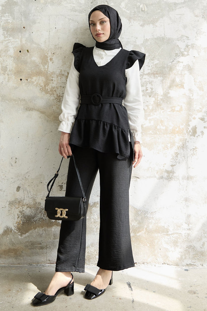 MDS Women Ruffled Shoulder Three Piece Set - Black - Roosendaal