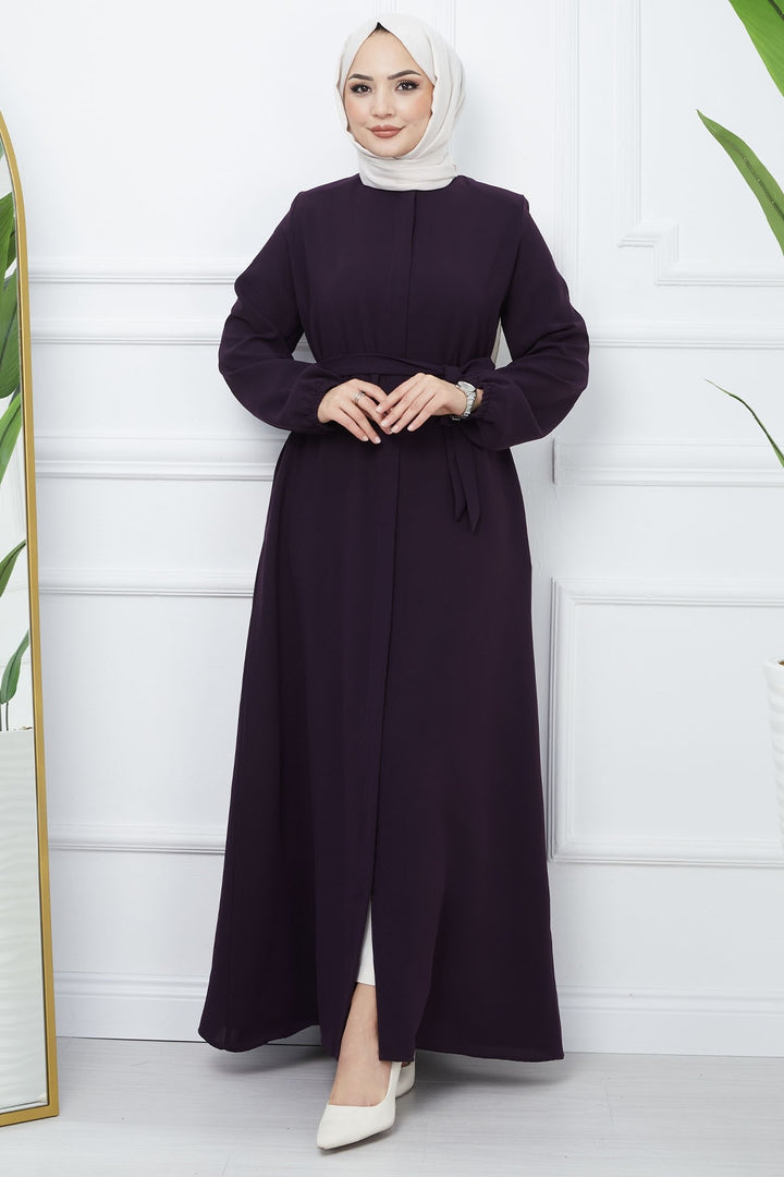 MDS Women Belted Honeycomb Fabric Abaya - Purple - Sète