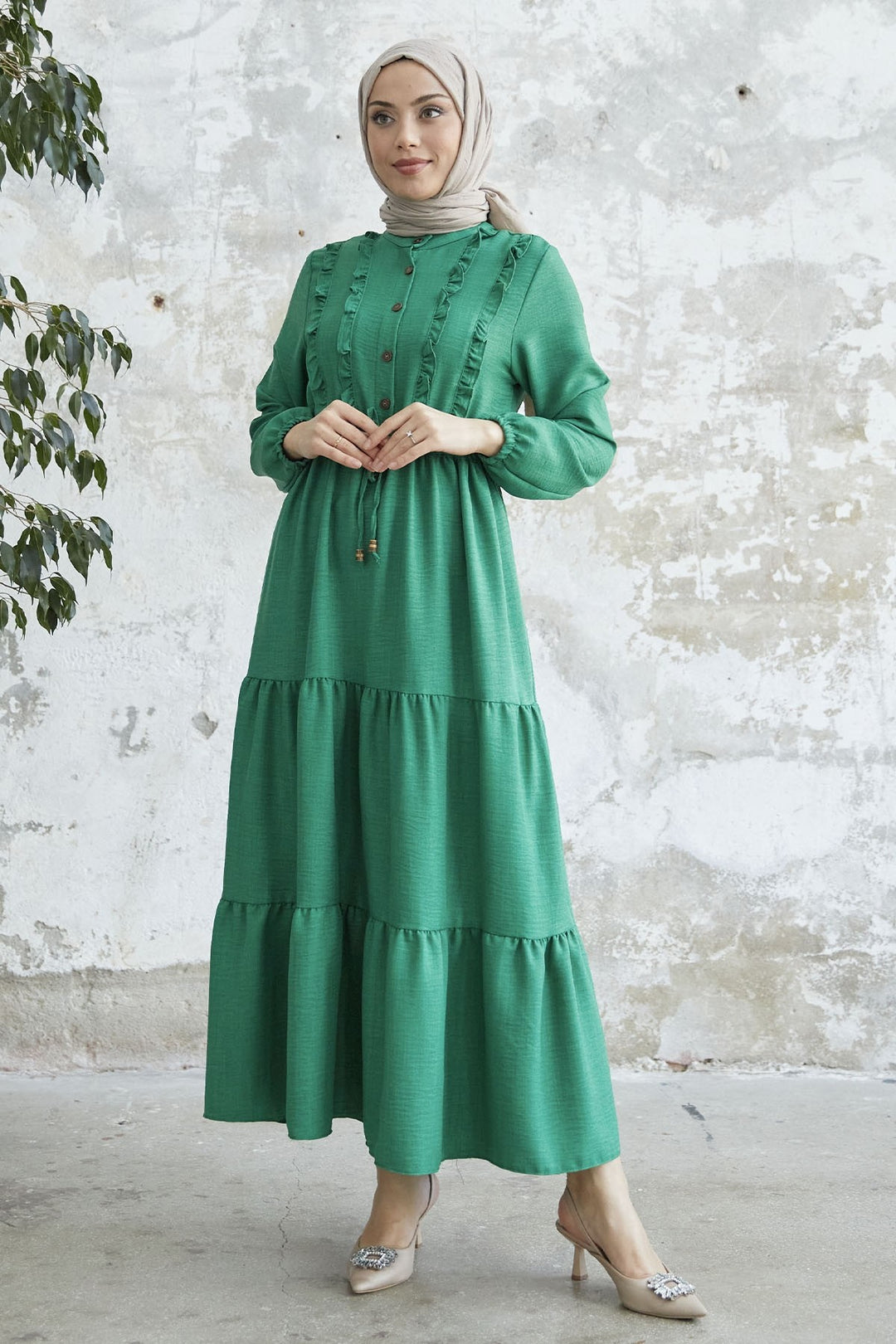 MDS Women Frilled Detail Buttoned A-line Dress - Green - Santa Cruz