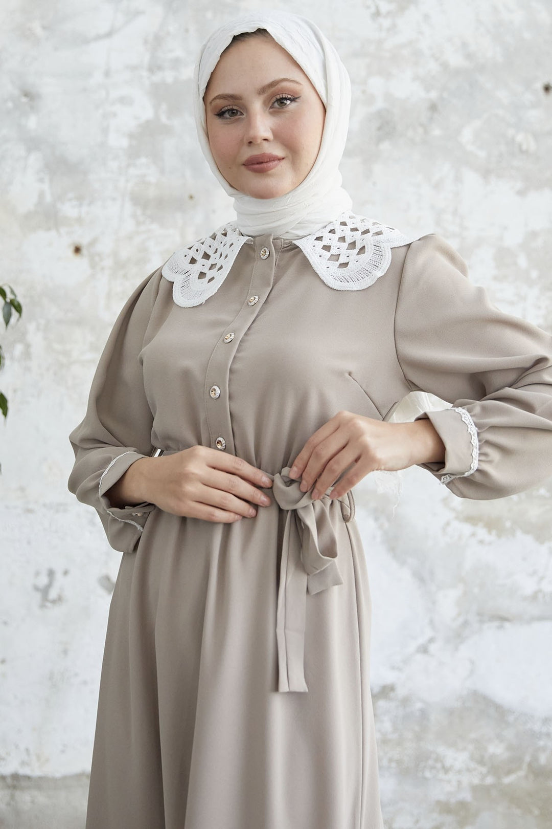 MDS Women Baby Collar Belted Dress - Beige - Brentwood