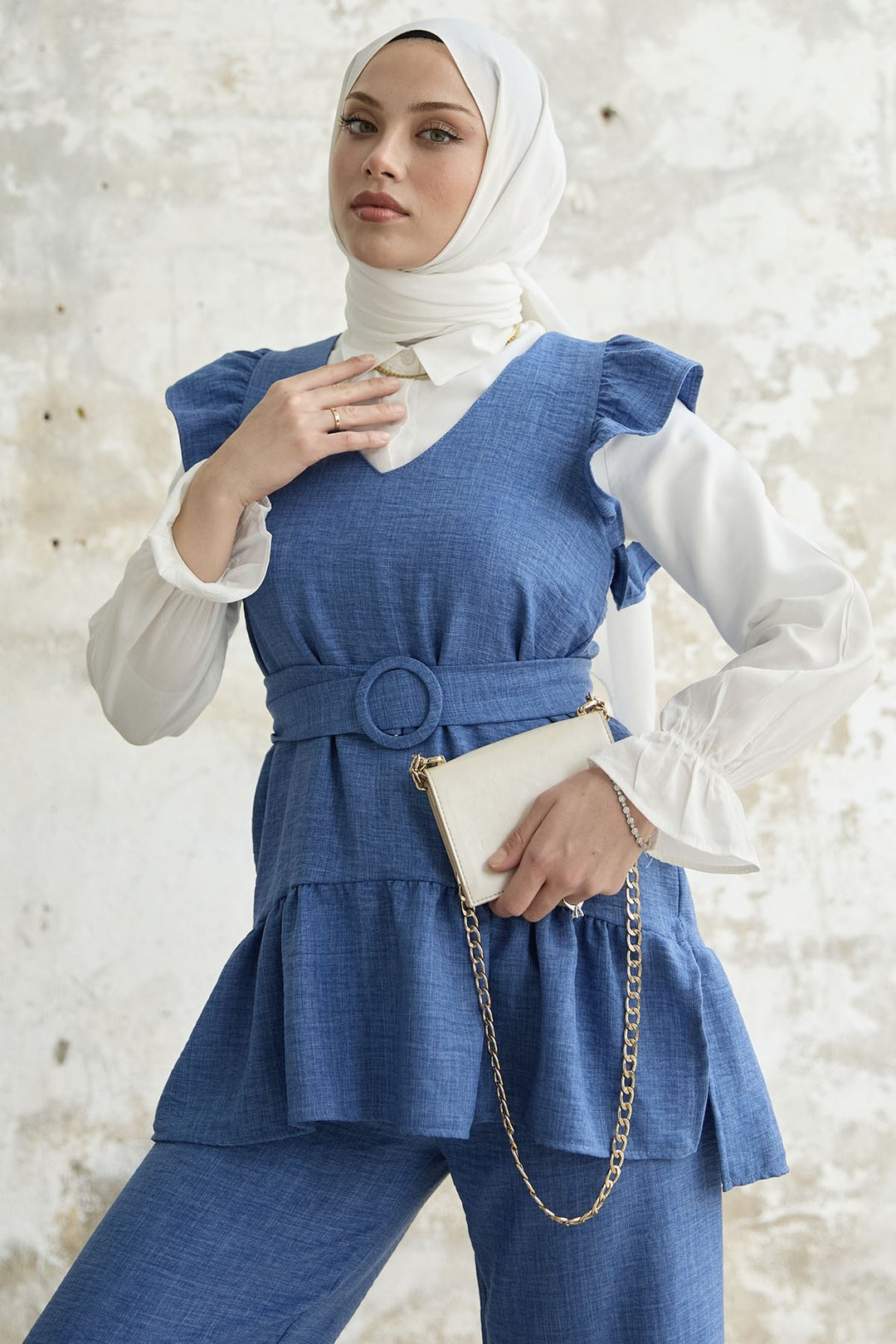 MDS Women Ruffled Shoulder Three Piece Set - Blue - Cholula de Rivadabia