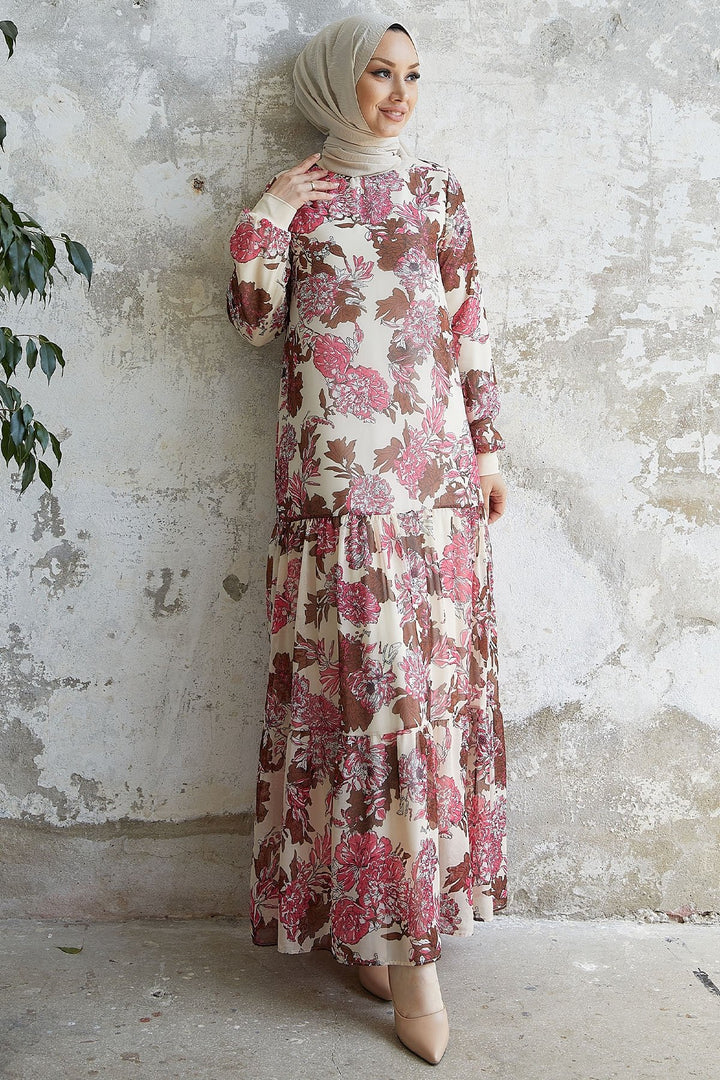MDS Women Revina Flower Patterned Ruffle Chiffon Dress - Ecru - Santa Catarina Otzolotepec