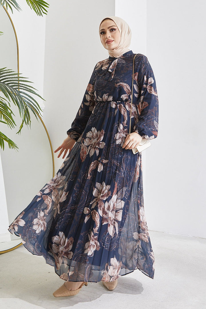 MDS Women Serena Flower Pattern Pleated Chiffon Dress - Navy Blue - Recklinghausen