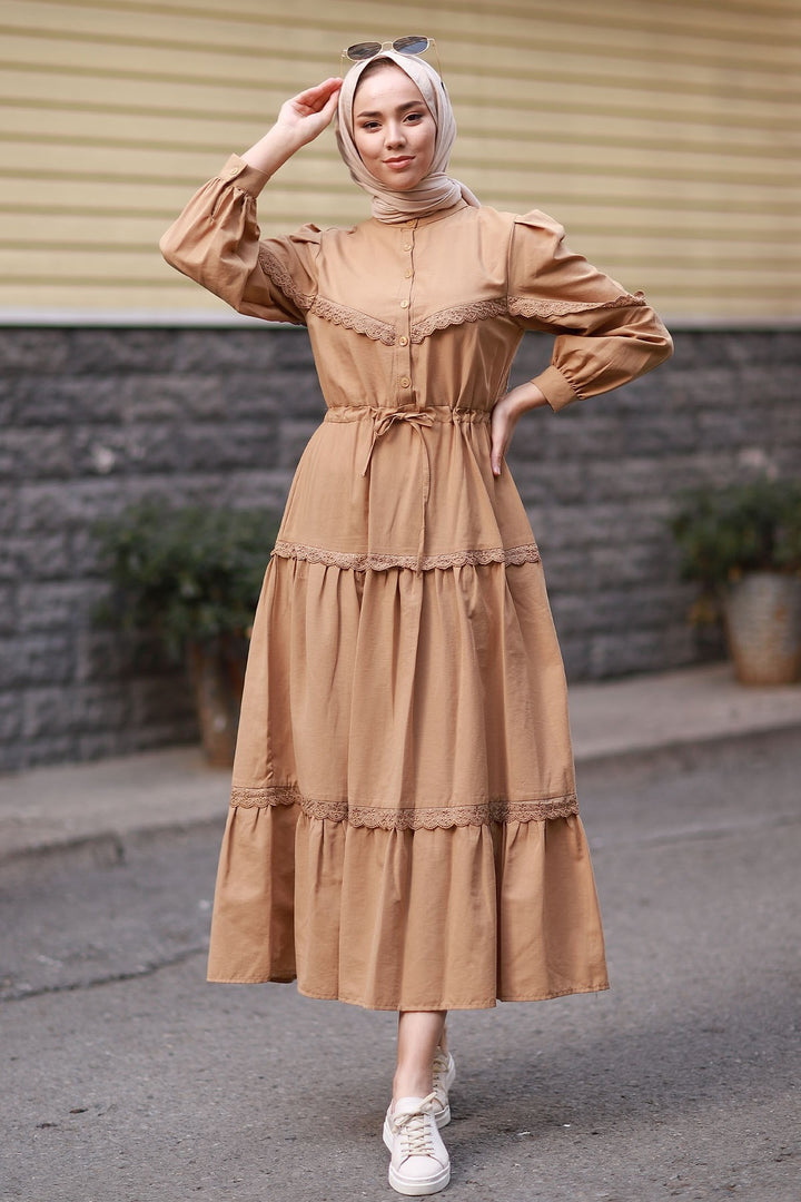 MDS Women Guipure Detail Balloon Sleeve Dress - Brown - Brookhaven