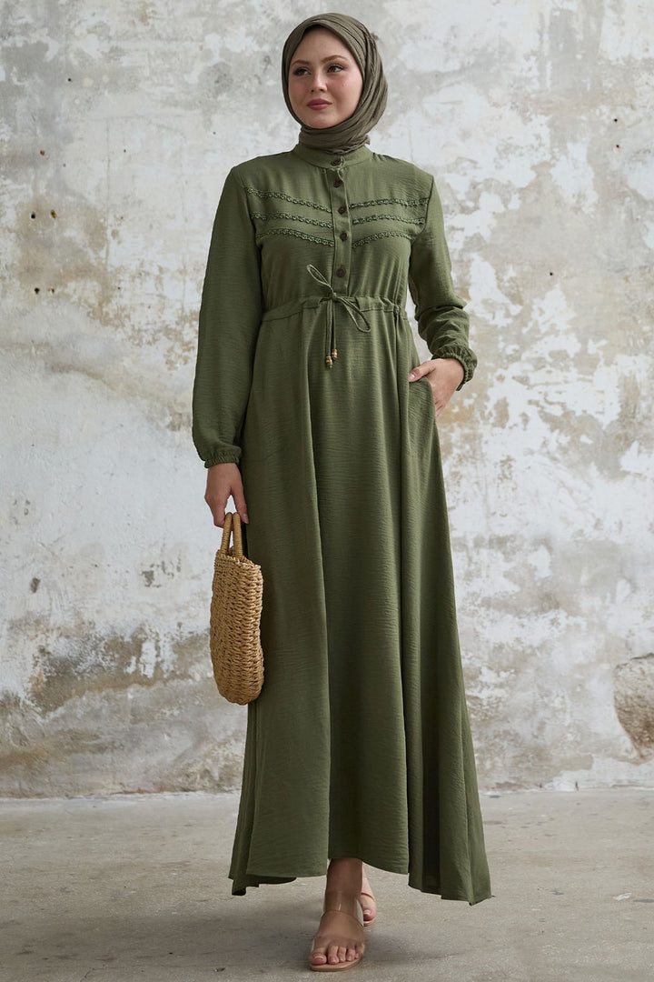 MDS Women Guipure Detail Khaki A-line Dress - Stains