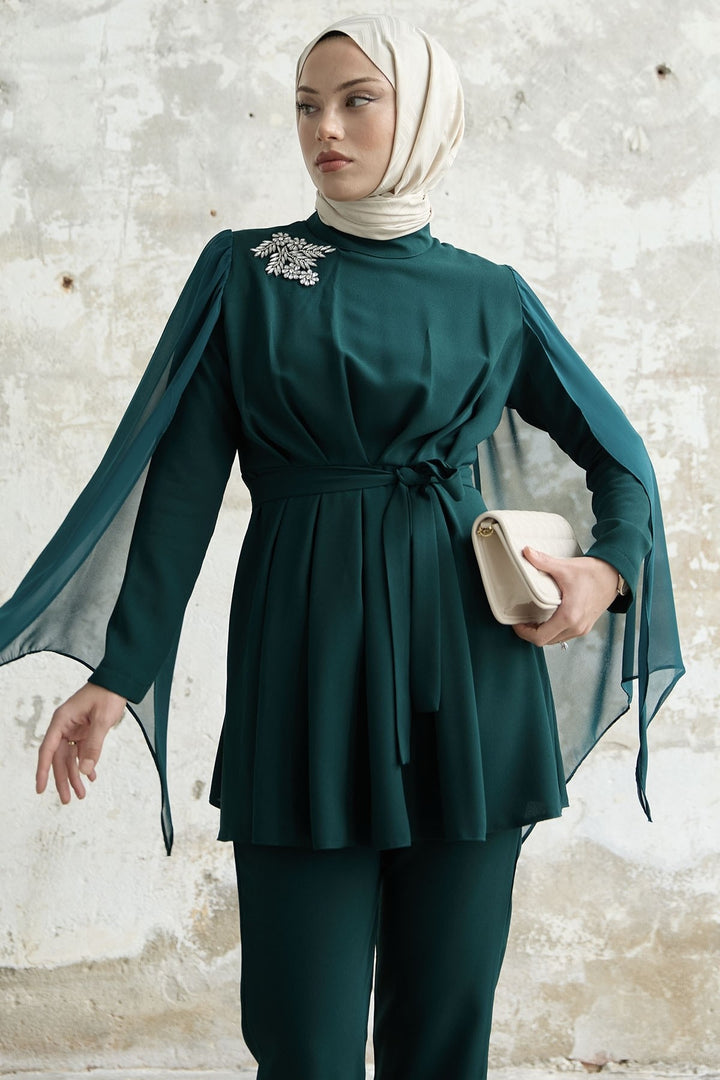 MDS Women Stone-Accented Arm Tulle Crepe Emerald Green Set - Motril