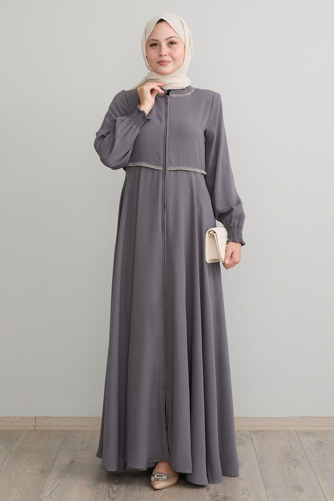 MDS Women Embroidered Mevlana Fabric Gray Ferace - Dublin