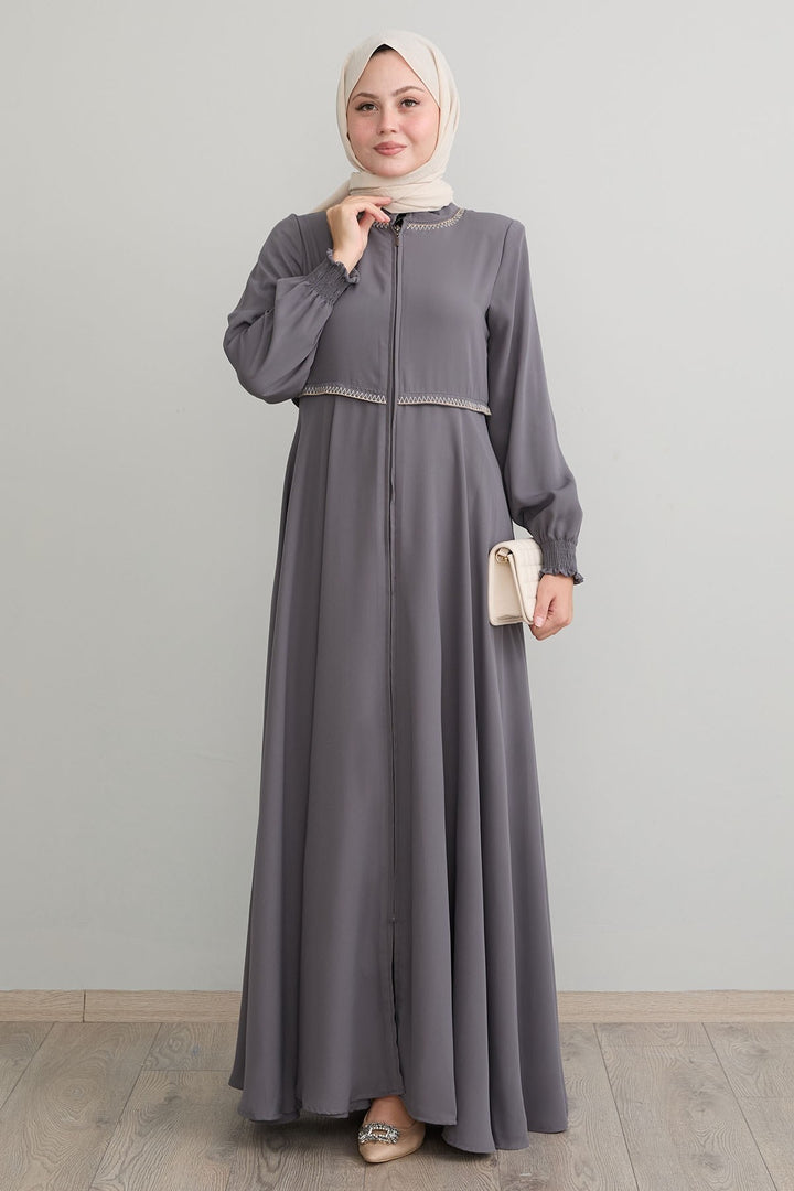 MDS Women Embroidered Mevlana Fabric Gray Ferace - Dublin