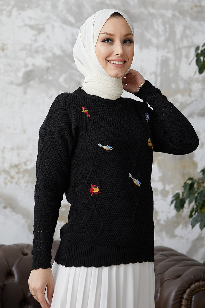 MDS Women Minsa Bird Patterned Knitted Sweater - Black - North Las Vegas