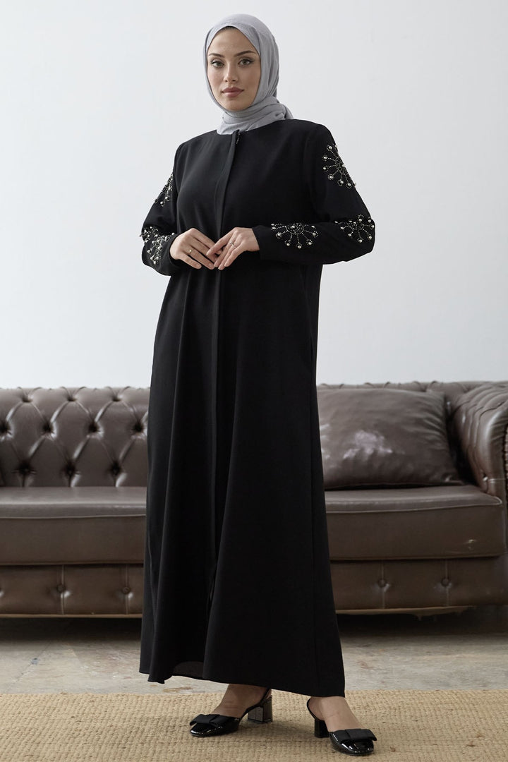 MDS Women Sleeves Pearl Stone Detail Abaya - Black - Ayr