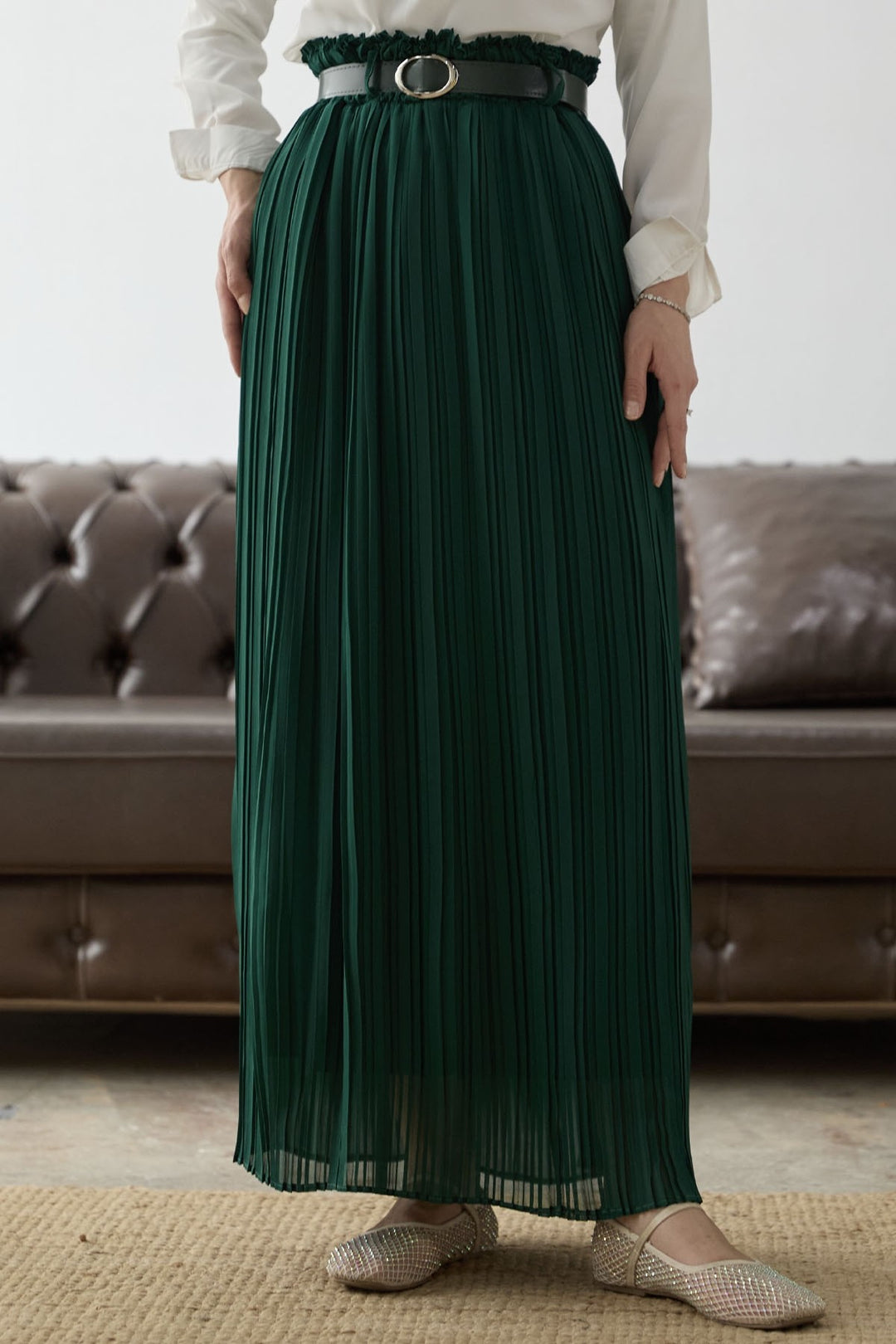 MDS Women Ruched Waist Chiffon Skirt - Emerald Green - Cheltenham