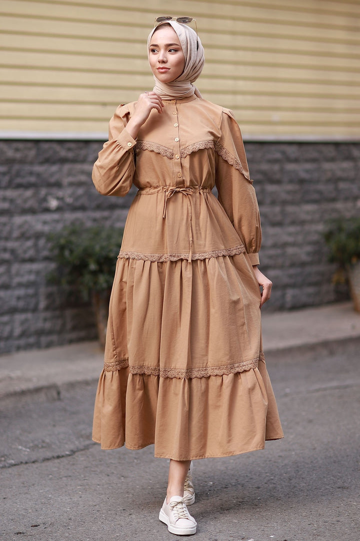MDS Women Guipure Detail Balloon Sleeve Dress - Brown - Brookhaven