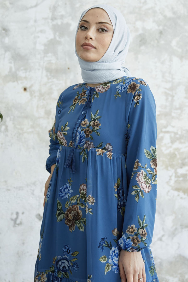 MDS Women Lace-Up Floral Chiffon Dress - Indigo - Landau