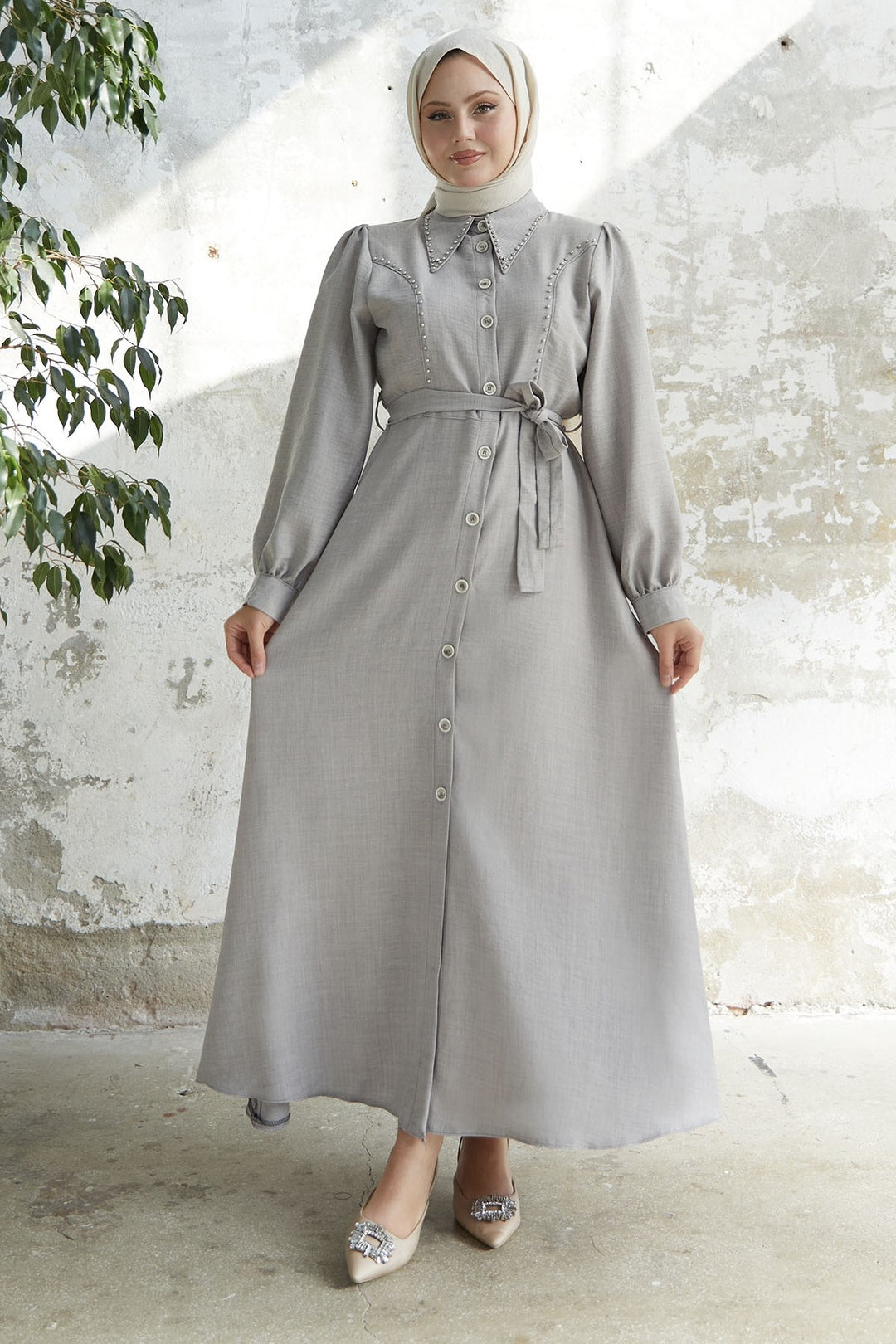 MDS Women Beaded Buttoned Linen Dress - Gray - Townsville